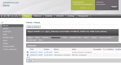 Jurisoft případ detail dokument
